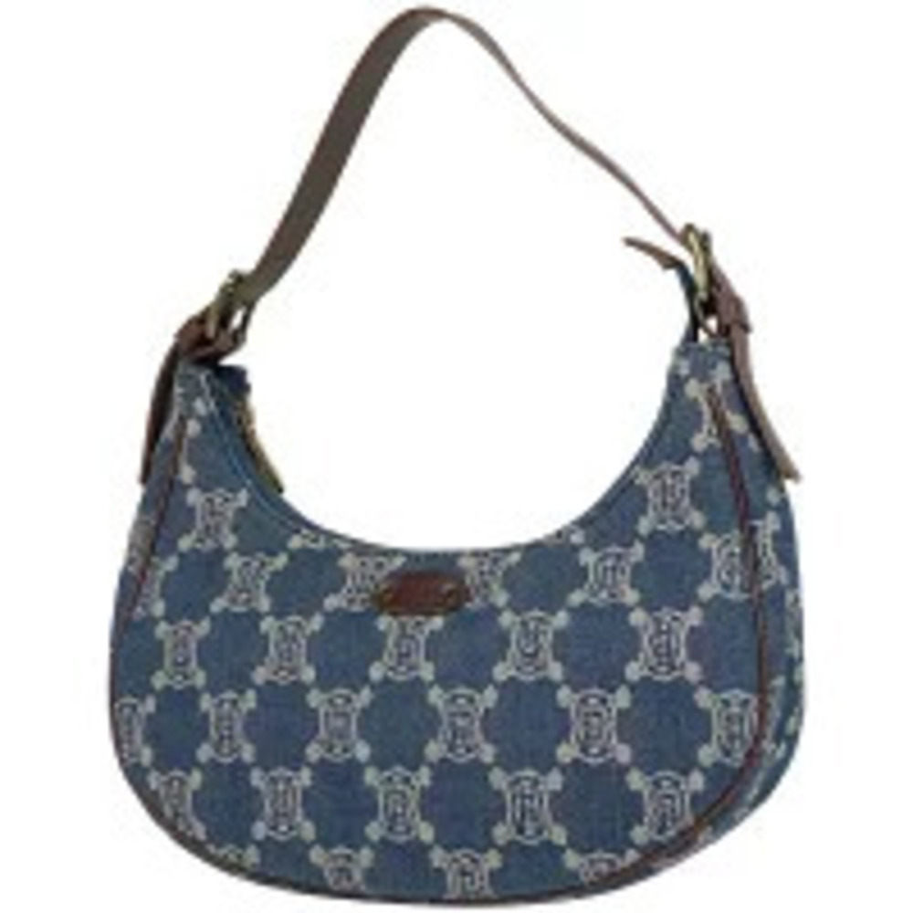 Celine Paris Macadam Shoulder Bag Hobo Handbag Denim Blue Brown